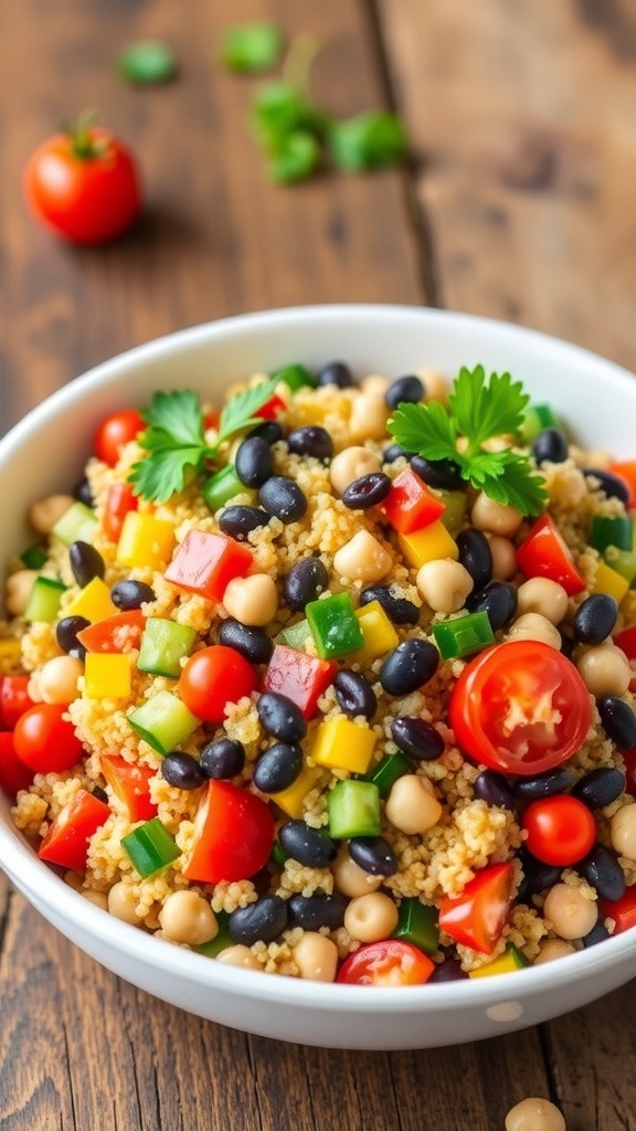 A vibrant quinoa salad with black beans, chickpeas, bell peppers, cucumbers, and cherry tomatoes, garnished with parsley.